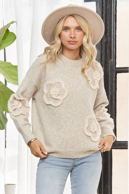 3D FLORAL APPLIQUE KNIT SWEATER