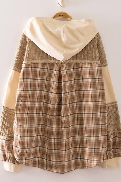 Plaid Contrast Hoodie Pullover: NATURAL