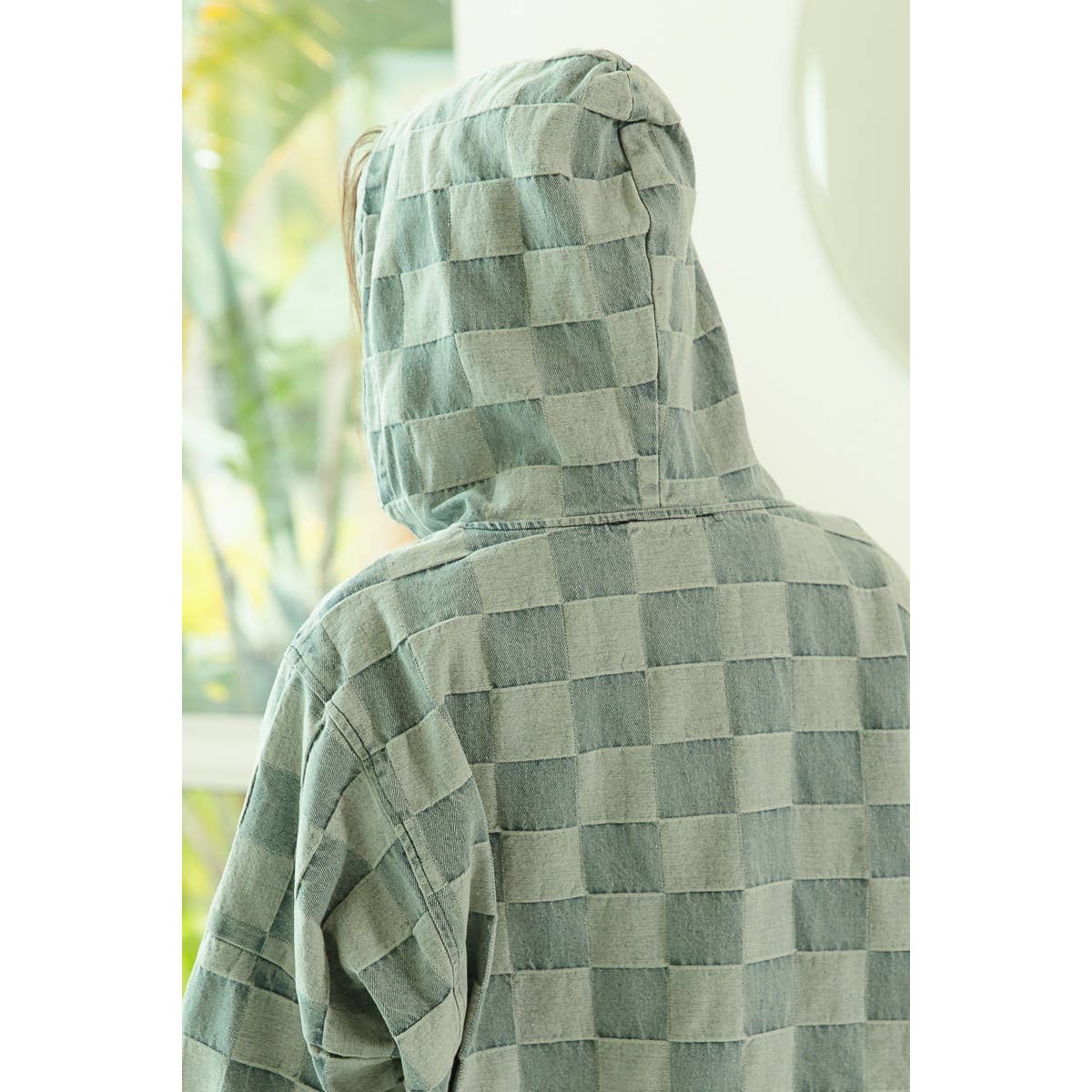 WASHED CHECKER DENIM HALF ZIP UP HOODIE