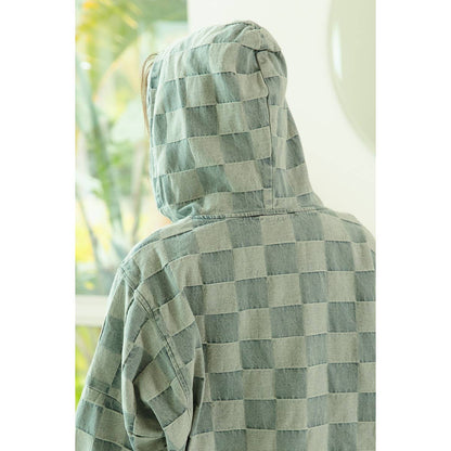 WASHED CHECKER DENIM HALF ZIP UP HOODIE