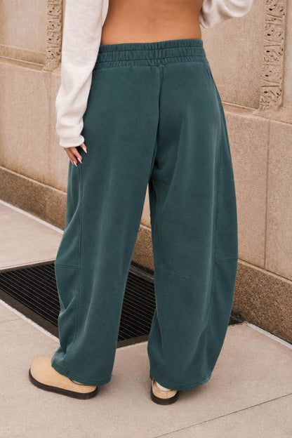 SMOCKED WAIST DRAWSTRING BARREL LEG SWEATPANTS
