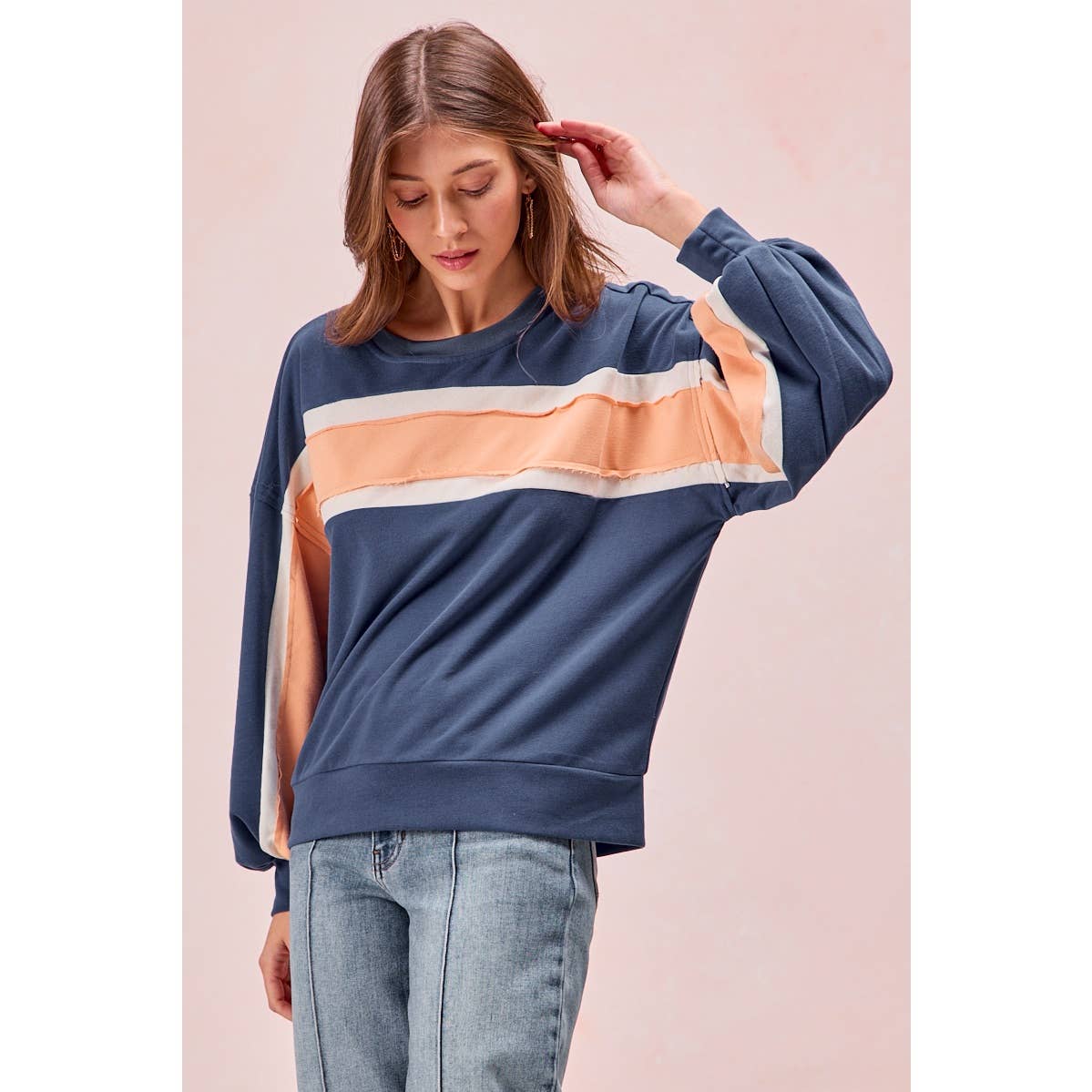 BiBi - FRENCH TERRY COLOR BLOCK SWEATSHIRT: INDIGO/MUSTARD/IVORY / XL