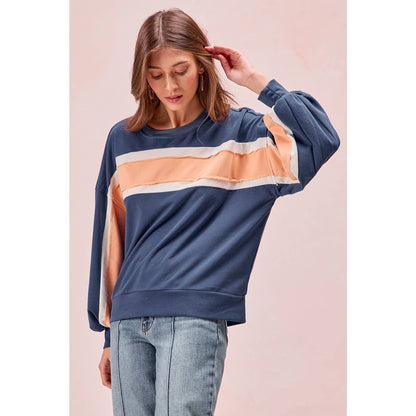 BiBi - FRENCH TERRY COLOR BLOCK SWEATSHIRT: INDIGO/MUSTARD/IVORY / XL