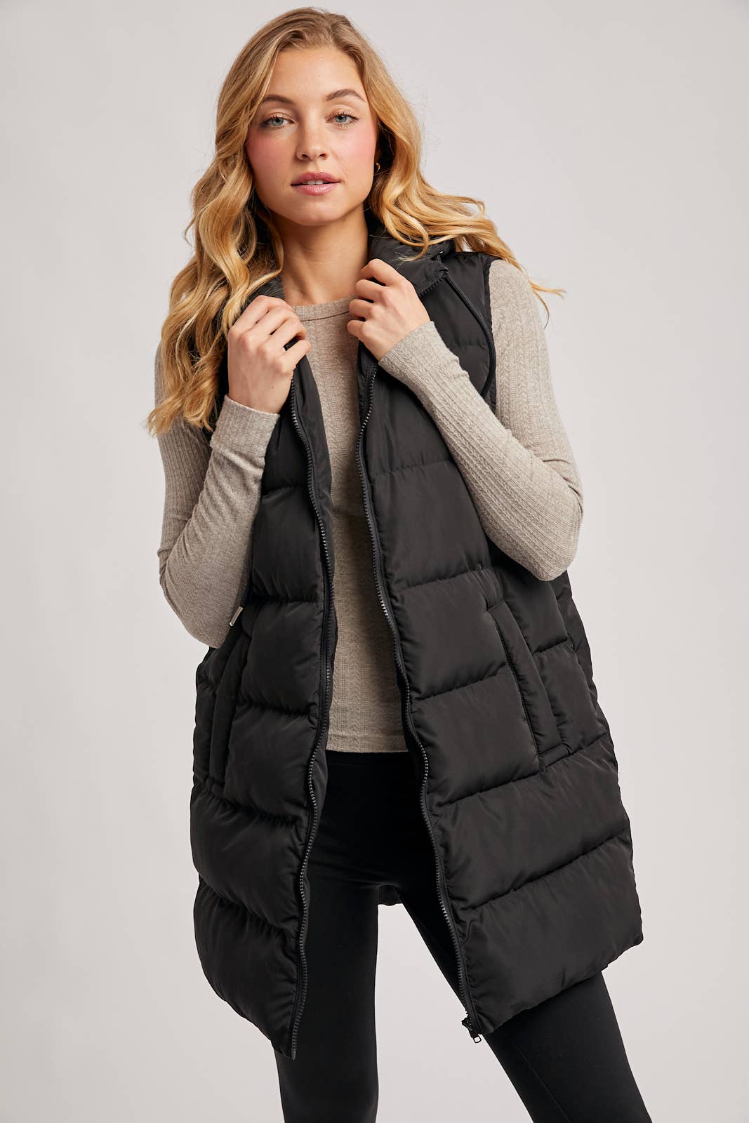 BLACK OR BEIGE HOODED ZIPPER DOWN LONGLINE PUFFER VEST