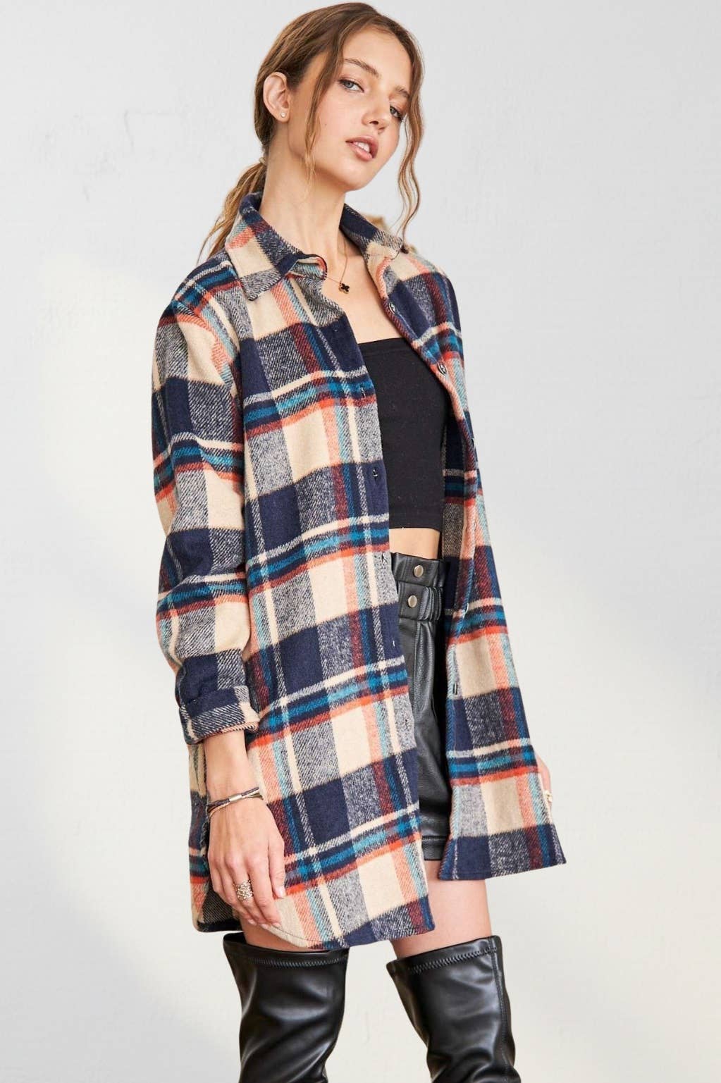 ADORA LA - CEJ1987A-CHECK FLANNEL SHIRT JACKET LONG SLEEVE: Green/Navy / S-M-L(2-2-2)