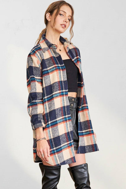 ADORA LA - CEJ1987A-CHECK FLANNEL SHIRT JACKET LONG SLEEVE: Green/Navy / S-M-L(2-2-2)