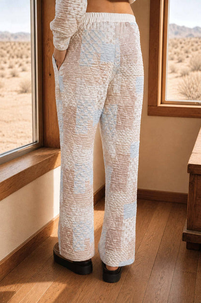 Blu Pepper - MULTI-PATTERN QUILTED ELASTIC WAIST PANTS: KHAKI MULTI