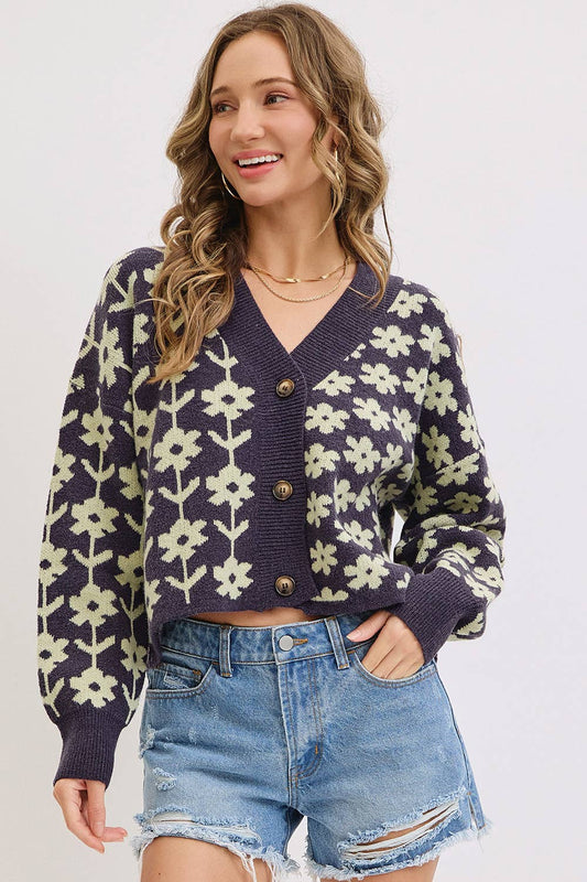 COZY PLAYFUL CASUAL FLORAL PRINT SWEATER KNIT CARDIGAN