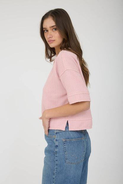 RAW EDGE HENLEY SHORT SLEEVE WAFFLE KNIT TOP : PINK