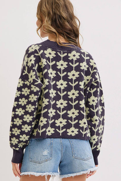 COZY PLAYFUL CASUAL FLORAL PRINT SWEATER KNIT CARDIGAN