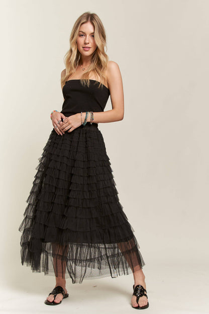 ELASTIC WAIST LAYERED MESH SKIRT - BLACK