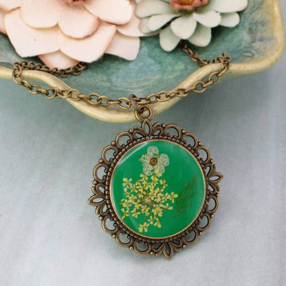 ZAD - Antique Gold Dried Flower Green Cameo Necklace