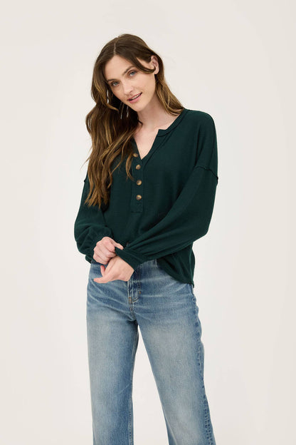 V NECK HALF BUTTON LONG SLEEVE KNIT TOP S-3x