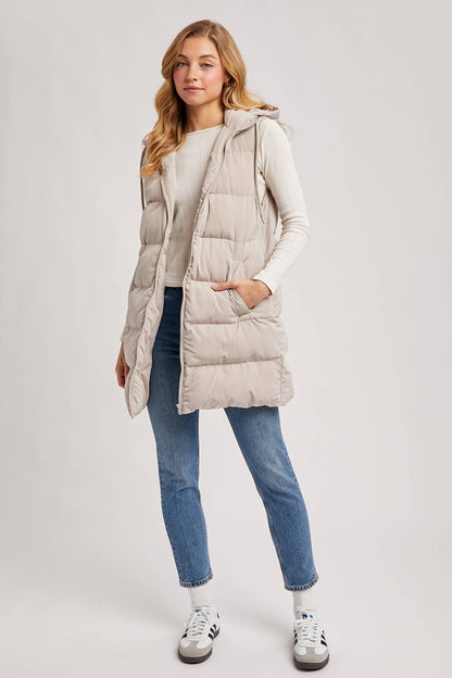 BLACK OR BEIGE HOODED ZIPPER DOWN LONGLINE PUFFER VEST
