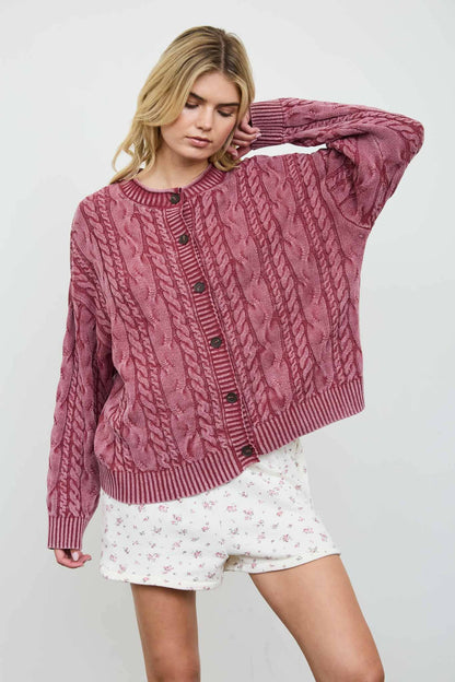 Blu Pepper - WASHED PATTERN CABLE KNIT BUTTON DOWN CARDIGAN: LIGHT KHAKI