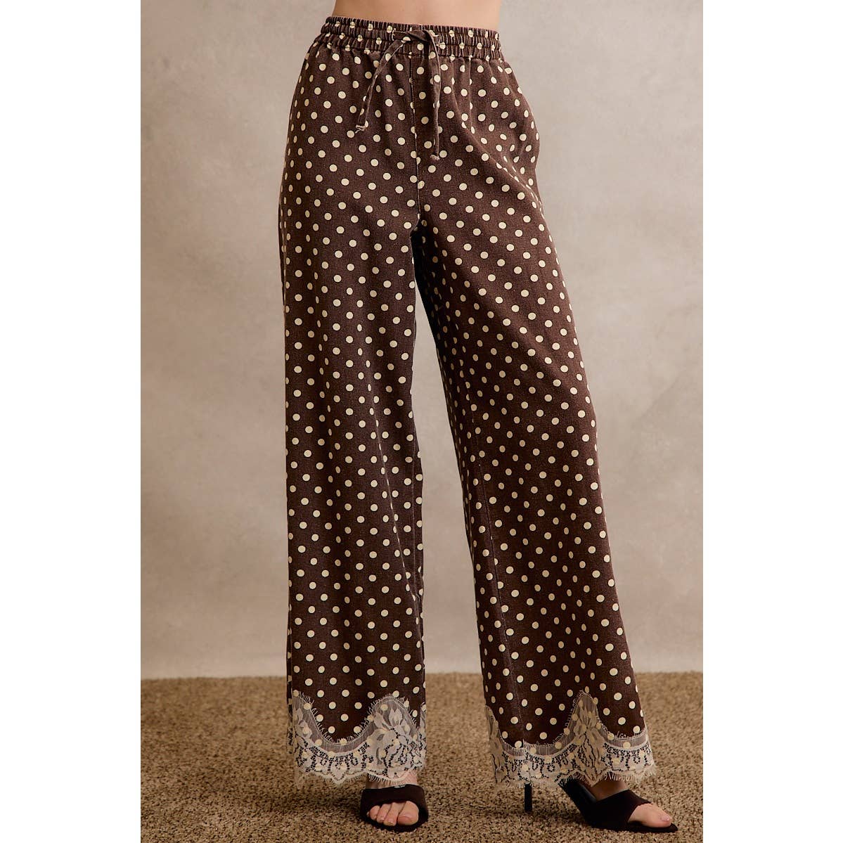 LACE TRIM WIDE LEG ELASTIC MID RISE POLKA DOT PANTS: