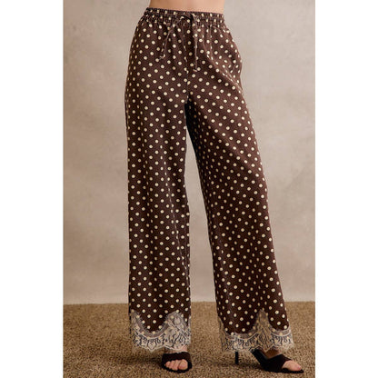 LACE TRIM WIDE LEG ELASTIC MID RISE POLKA DOT PANTS: