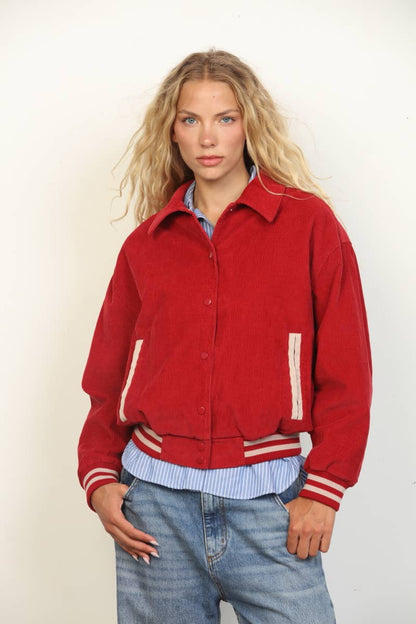 26 International - Corduroy Snap Front Oversized Varsity Jacket: Red Combo / M