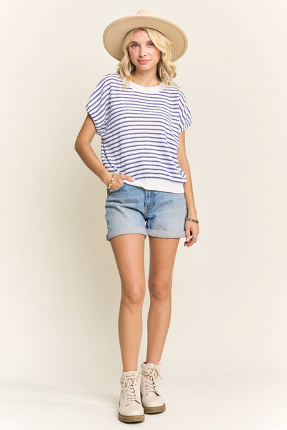 TORI STRIPED CASUAL SHORT SLEEVE KNIT TOP