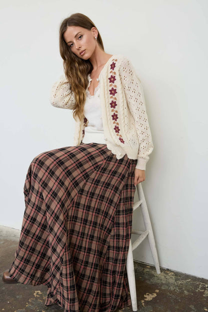 Blu Pepper - FLORAL EMBROIDERY CROCHET KNIT DETAIL CARDIGAN: CREAM