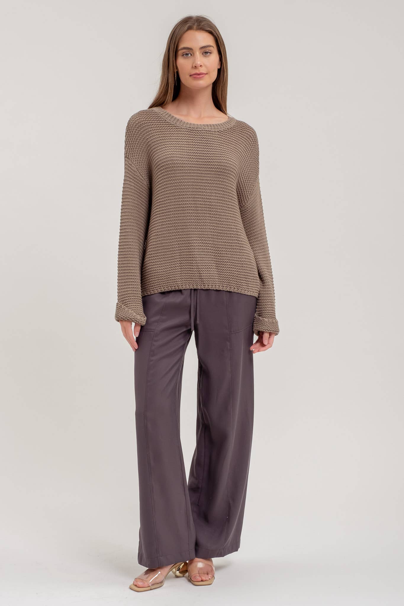 CHUNKY KNIT LONG CUFF SLEEVE PULLOVER SWEATER: OLIVE