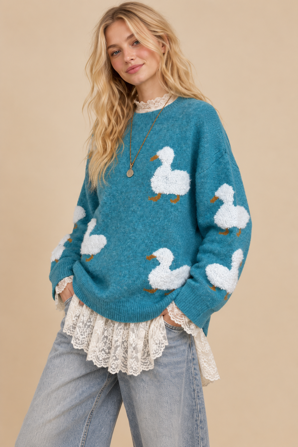 J.NNA - Quack-Me-Up Cozy Knit Duck Sweater: TEAL / S