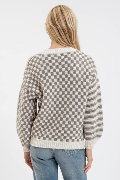 STRIPE AND CHECKERED CREWNECK KNIT SWEATER