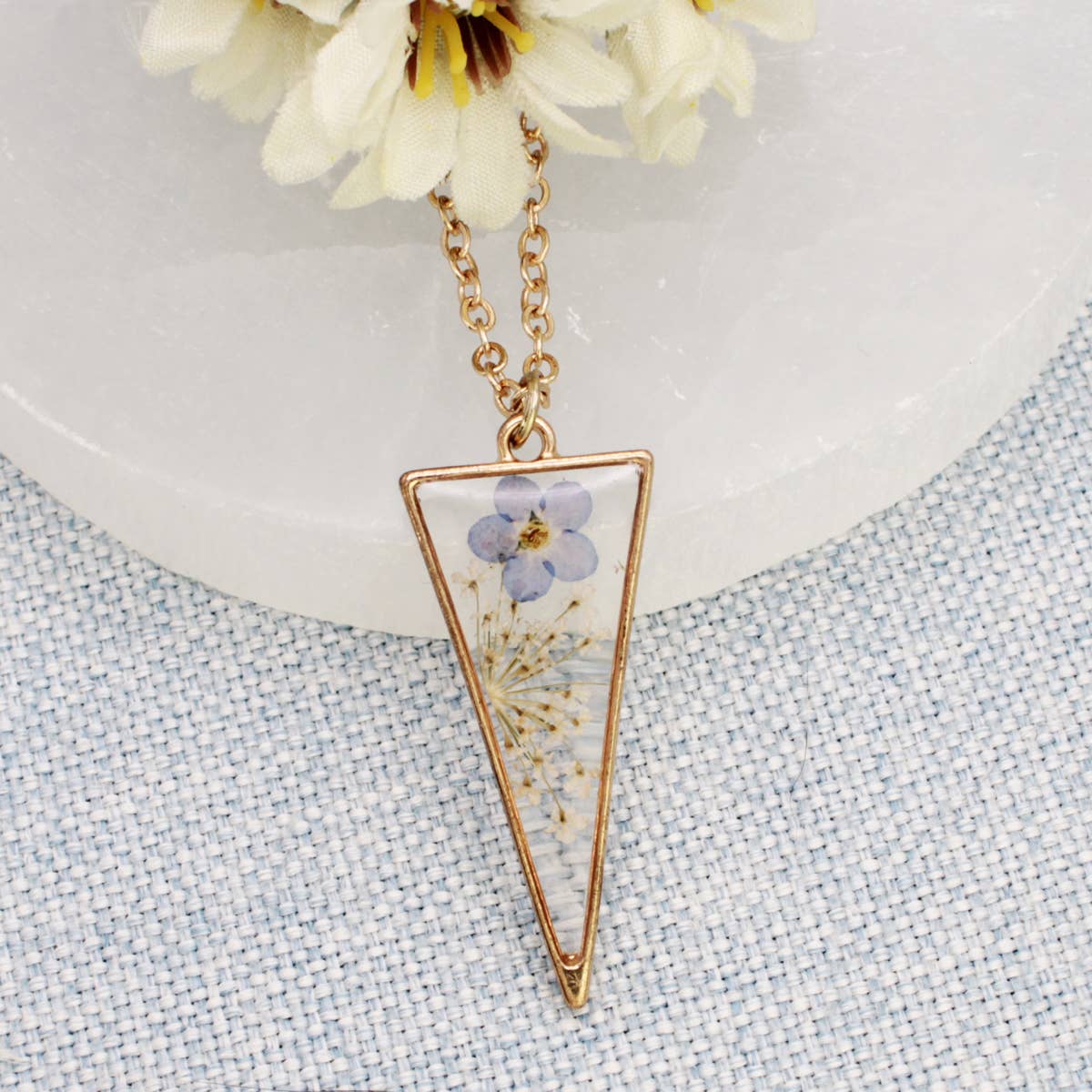 ZAD - Long Triangle Gold Dried Flower Necklace