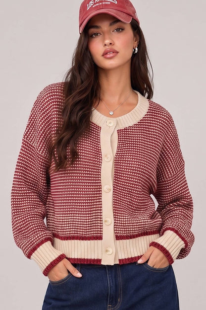 Color Pop Textured Knit Cardigan: RED