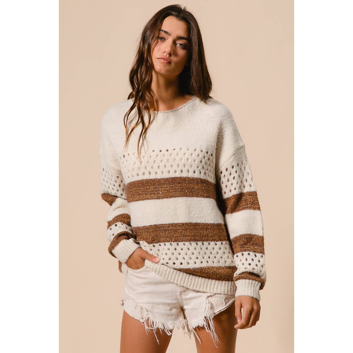 BiBi - STRIPE PATTERNED SWEATER TOP: IVORY/BROWN / M