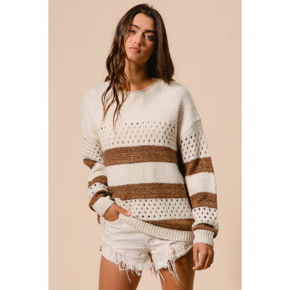 BiBi - STRIPE PATTERNED SWEATER TOP: IVORY/BROWN / M