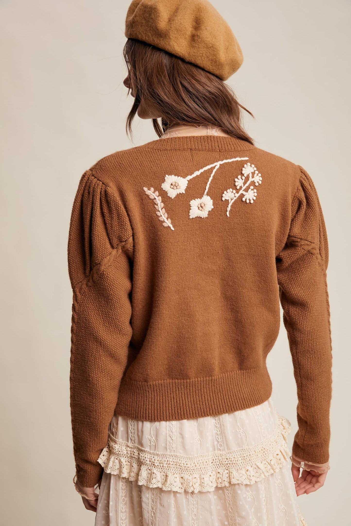 FLORAL EMBROIDERED PUFF SLEEVE CARDIGAN