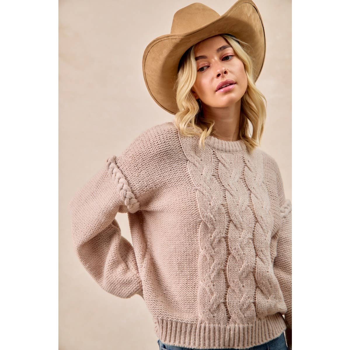 CABLE KNIT SWEATER TOP WITH SHOULDER BRAID DETAIL
