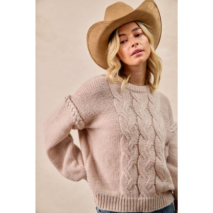 CABLE KNIT SWEATER TOP WITH SHOULDER BRAID DETAIL
