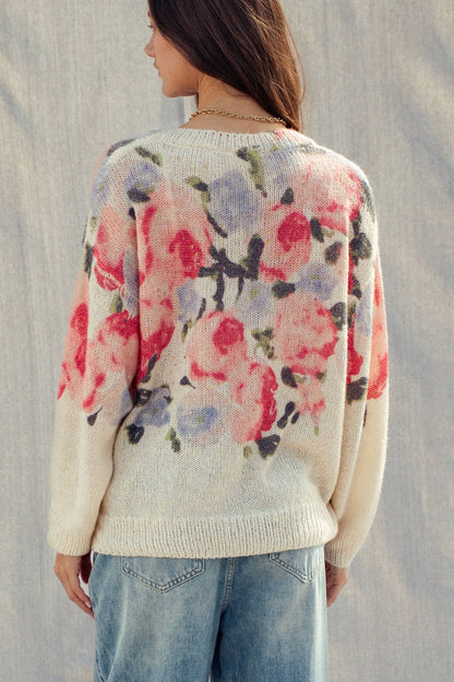 OVERSIZED FLORAL PRINT SOFT KNIT SWEATER