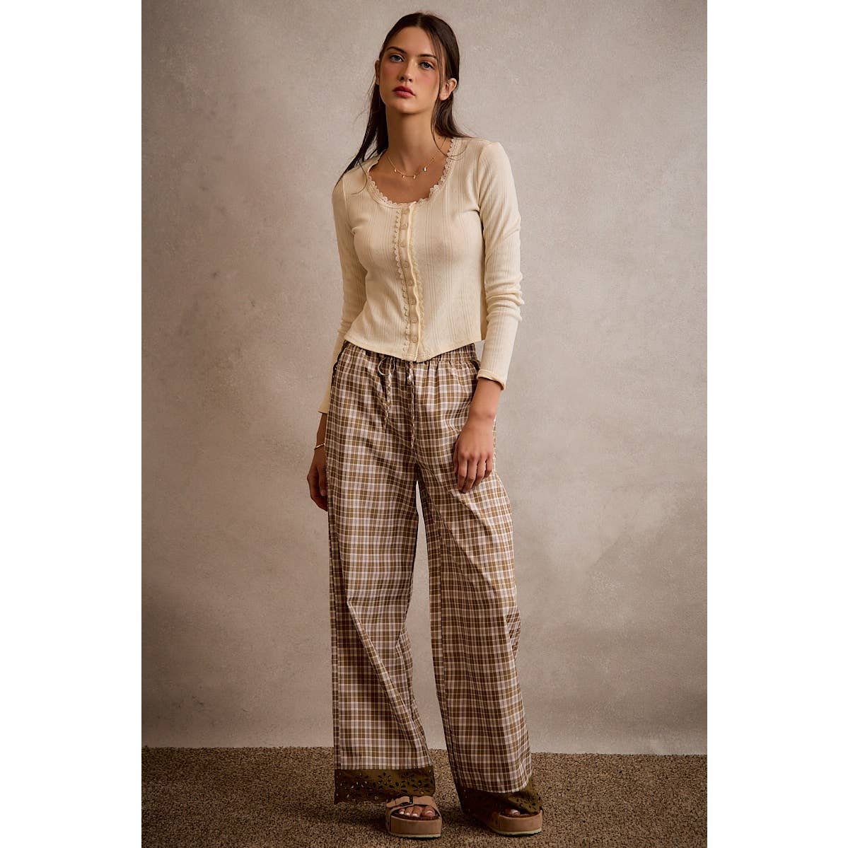 PLAID CHECK WIDE LEG PULL ON WIDE LEG PANTS WITH LACE