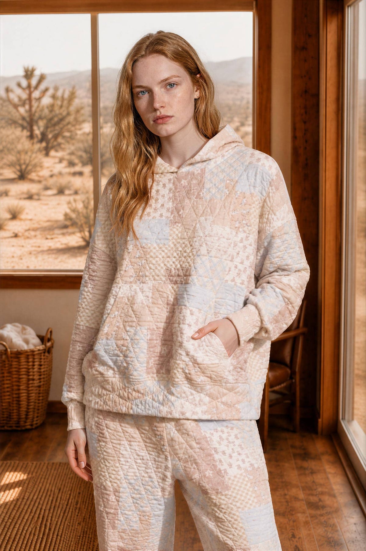 Blu Pepper - MULTI-PATTERN QUILTED PATCHWORK HOODIE PULLOVER: KHAKI MULTI