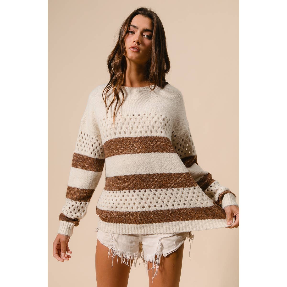 BiBi - STRIPE PATTERNED SWEATER TOP: IVORY/BROWN / M