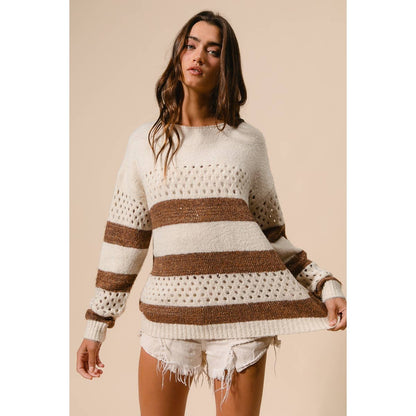 BiBi - STRIPE PATTERNED SWEATER TOP: IVORY/BROWN / M