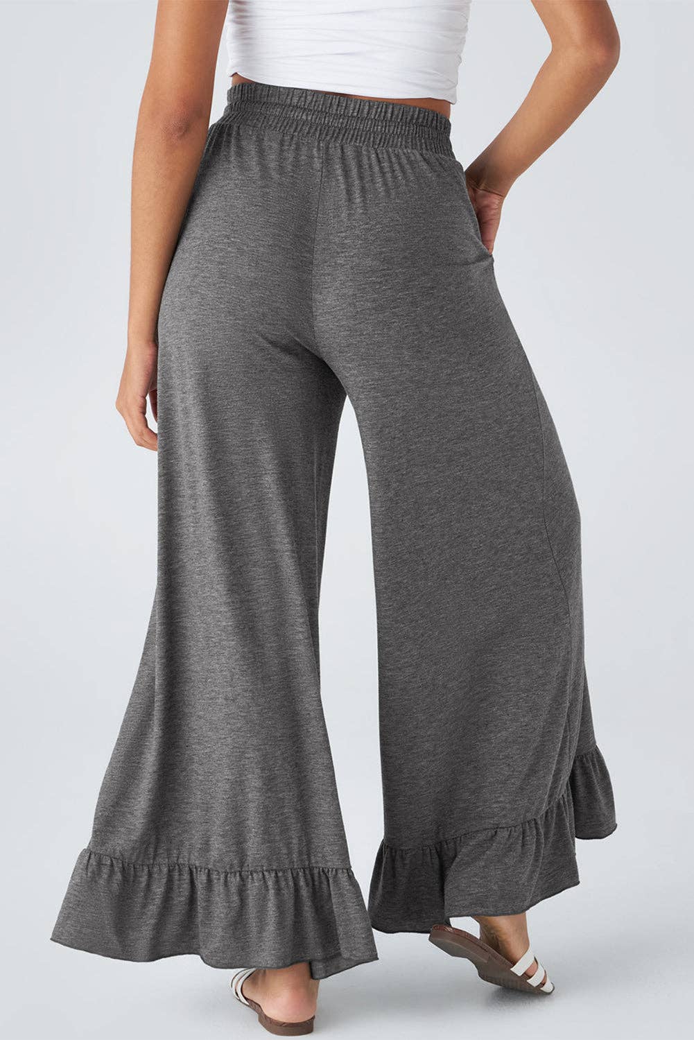 WIDE LEG PULL ON HIGH WAIST PANTS WITH POCKETS MEDIUM GREY