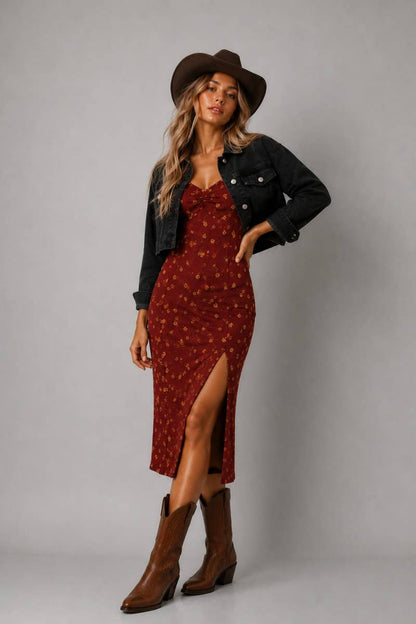JADE BY JANE - FLORAL MIDI DRESS: RUST / M