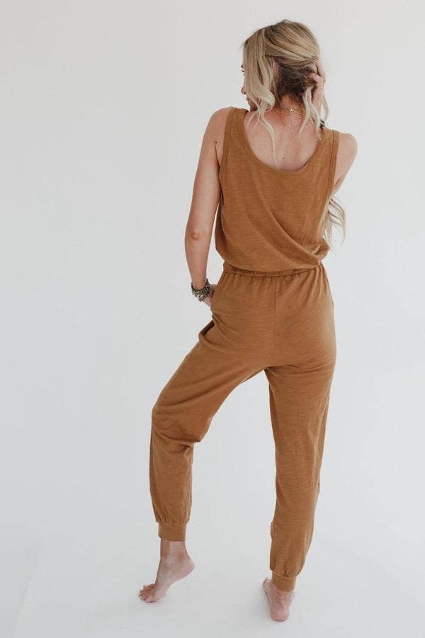 Three Bird Nest - Set to Go Textured Jumpsuit And Cardigan Set - Camel: Ash / S