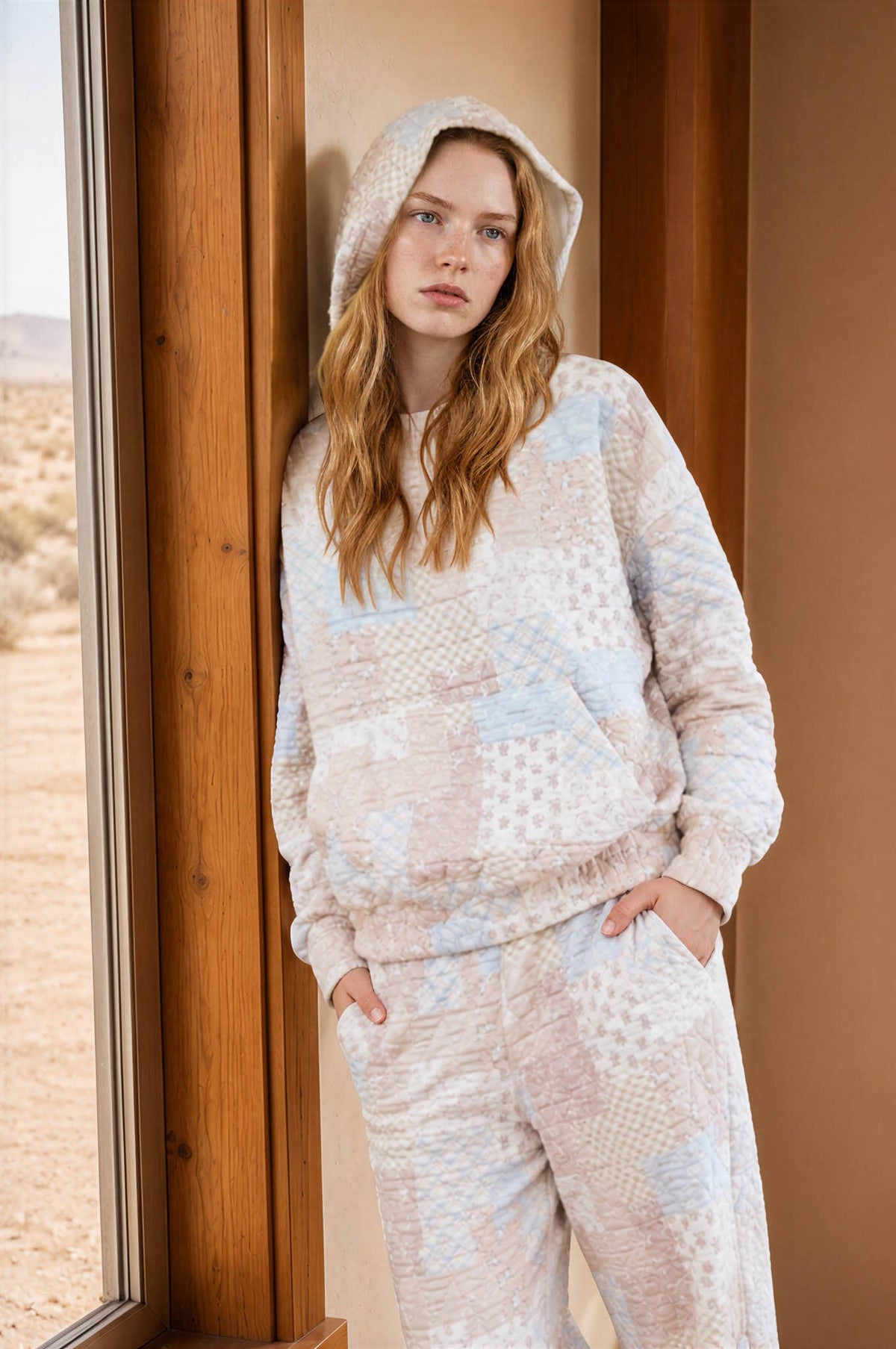 Blu Pepper - MULTI-PATTERN QUILTED PATCHWORK HOODIE PULLOVER: KHAKI MULTI