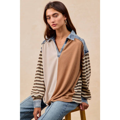 CUT EDGE CHECKER DENIM WAFFLE MIX AND MATCH TOP: OATMEAL/LATTE / L