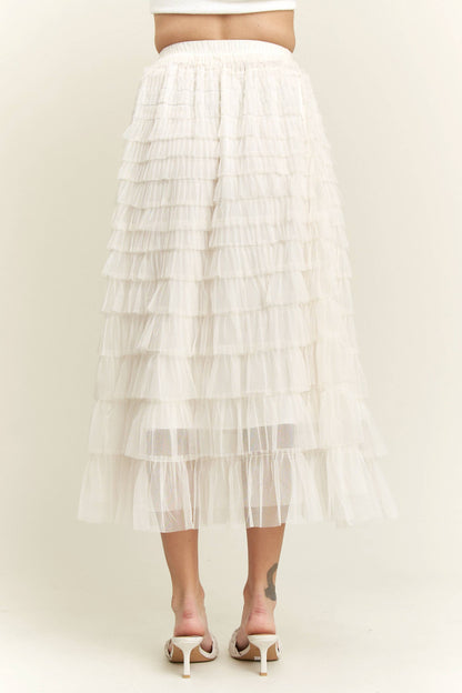 ELASTIC WAIST LAYERED MESH SKIRT - IVORY