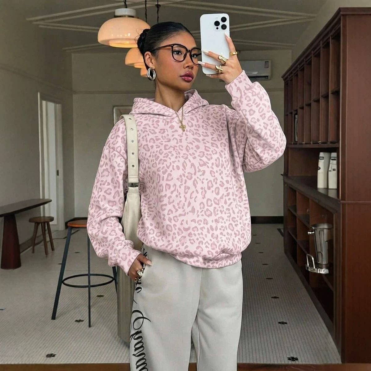 Lovesoft - Leopard Hoodie Oversized Casual Pullover Sweatshirt: Multicolor Floral / 65%viscose+35%polyester / M