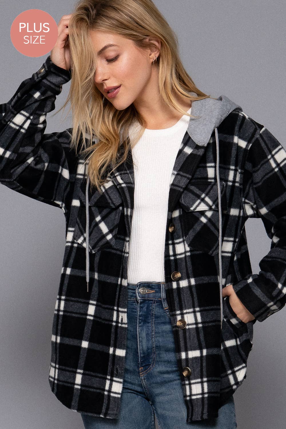 FLEECE PLAID HOODED JACKET PLUS