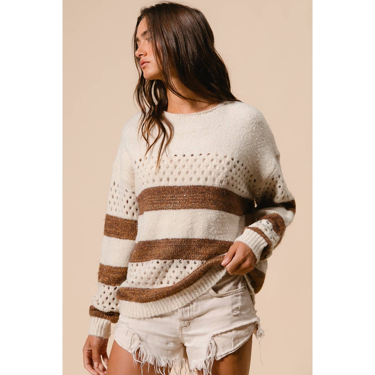 BiBi - STRIPE PATTERNED SWEATER TOP: IVORY/BROWN / M