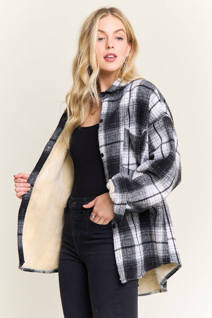 ADORA LA - CEJ4140-PLAID SHERPA-LINED BUTTON DOWN SHACKET: Navy / S-M-L(2-2-2)