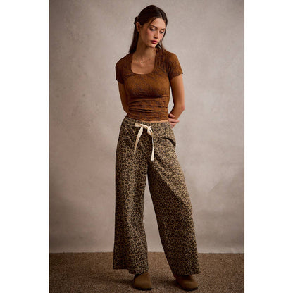 LEOPARD ELASTICIZED WAIST WIDE PANTS